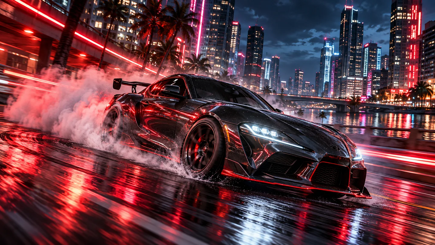 Sports car drifting through a neon city