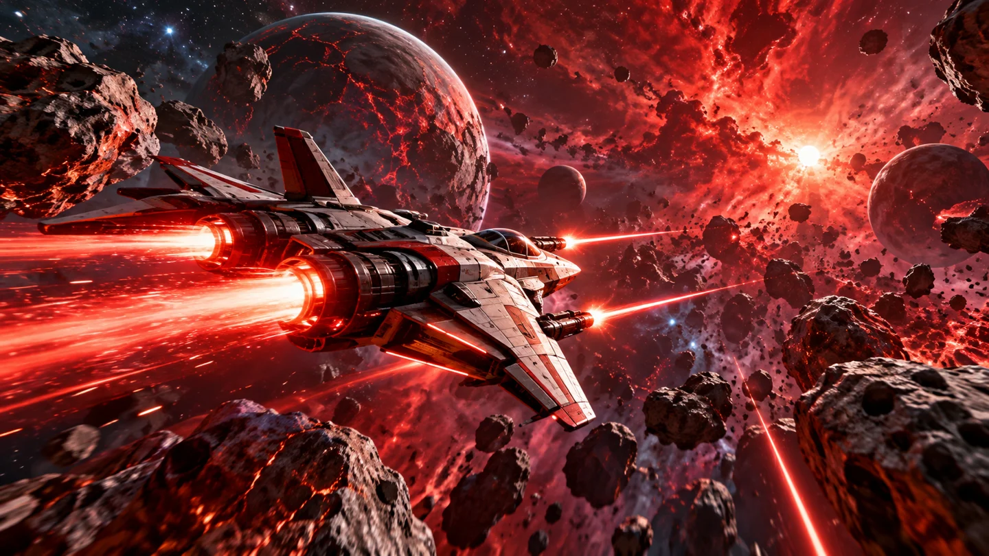 Spacecraft soaring through a dramatic galaxy